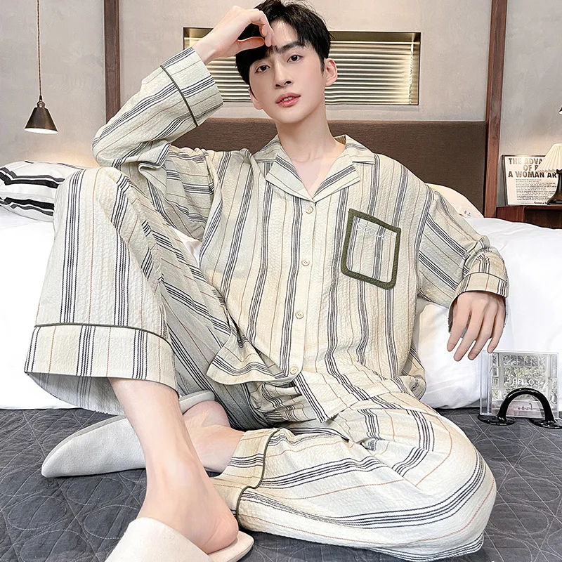 2024 New Striped Pajamas Men's Autumn Cotton Long Sleeved Long Pants Spring Cardigan Men's Loungewear Set pyjama homme Dropship