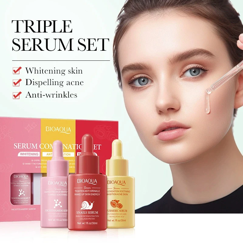 Conjunto de 3 Peças BIOAOUA Sérum de Vitamina C, Retinol e Ácido Hialurônico - Produtos de Cuidado Facial Hidratantes Anti-Envelhecimento e Clareadore