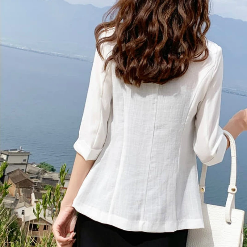 Blazers Women Summer Linen Thin Three Quarter Sleeve All-match 5XL Slender Korean Sun-proof Outwear Elegant Chic Simple Ladies