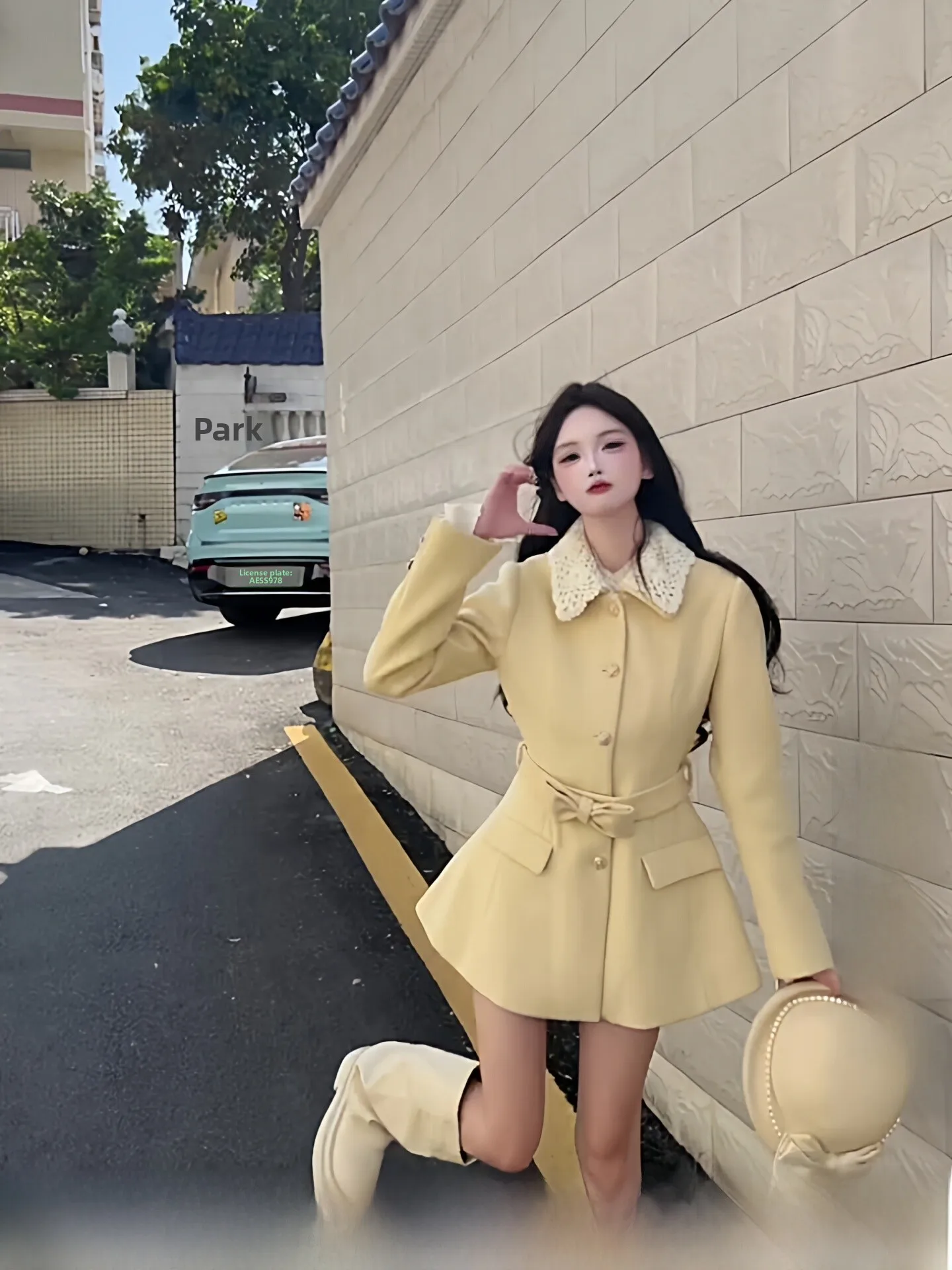 

Double-Sided Woolen Short Coat with Belt And Lace Splicing Korean Style Women's Winter Outerwear Thickened Long Sleeve Coat