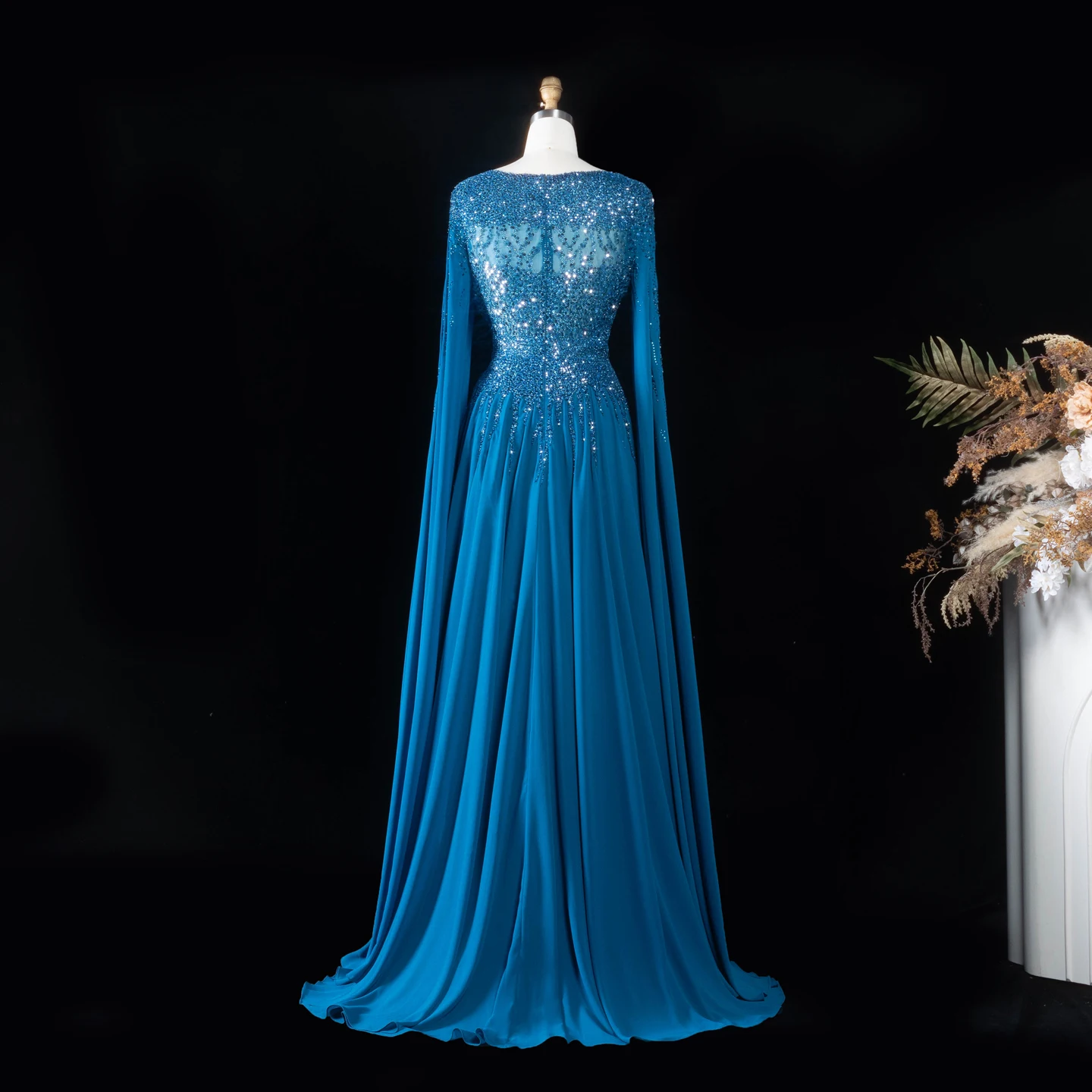 Sharon Said Abendkleid Luxuriöses A-Linien-Kleid mit Pailletten, Cape-Ärmeln und Perlen für Hochzeit, Abschlussball, Dubai, formelle Party, Ballkleid SS105, maßgeschneidert – Detail 8