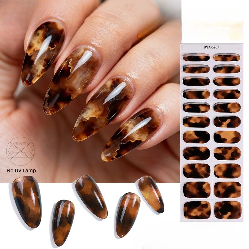 22Tips Leopard Print Baking-Free Gel Nail Stickers Full Cover French Gradient Marble Gel Nail Strips DIY Manicure Decoration