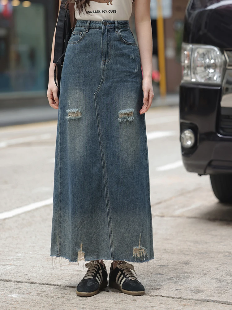 

Retro Hong Kong Sle Denim Skirt Women's Spring Design Hole Long Skirt American Sle f Skirt Hole Design Straight Tube