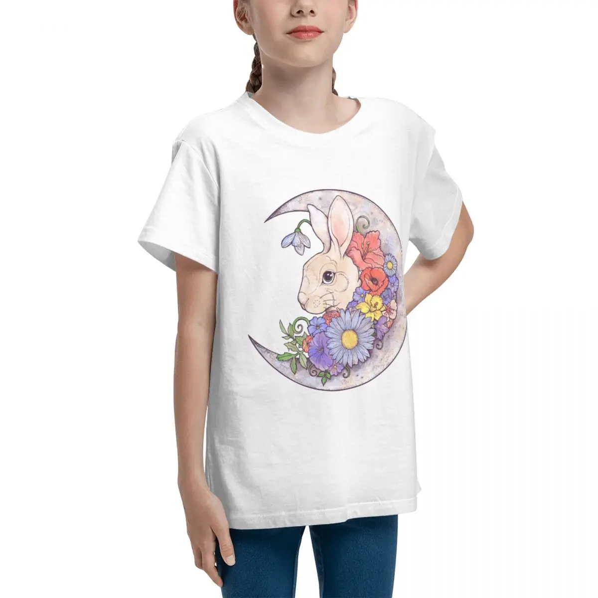 เสื้อยืดแขนสั้นลายกระต่ายและพระจันทร์สำหรับวัยรุ่นเสื้อยืดกราฟิกเซ็กซี่คุณภาพสูง