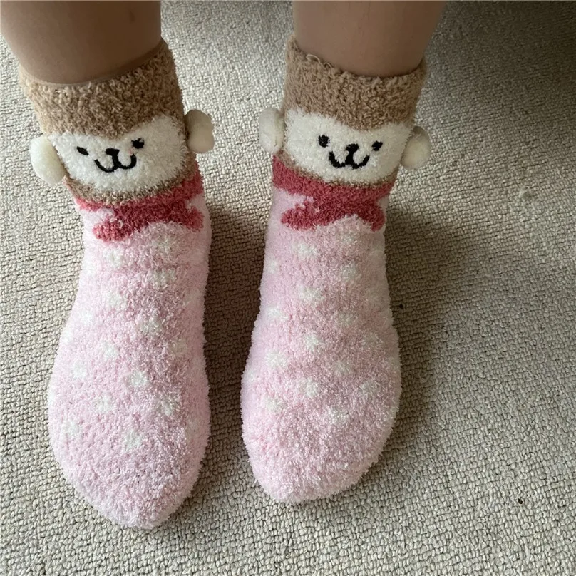 

3 PAIRS Kawaii Fluffy Fuzzy Women Sock Set Winter Cute Funny Cartoon Animal Bear Ladies Plush Floor Slipper Comfy Designer Sock