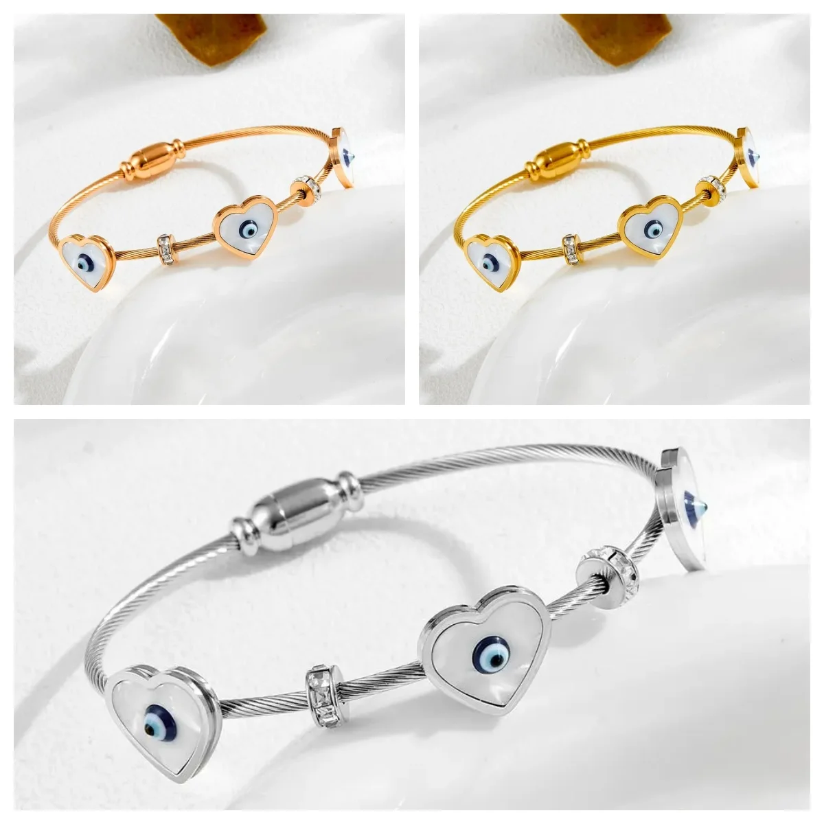 

Evil Eye Trendy 3pcs Wholesale 316L Stainless Steel Heart Shaped White Shell Bracelet Statement Protection Jewelry For Women