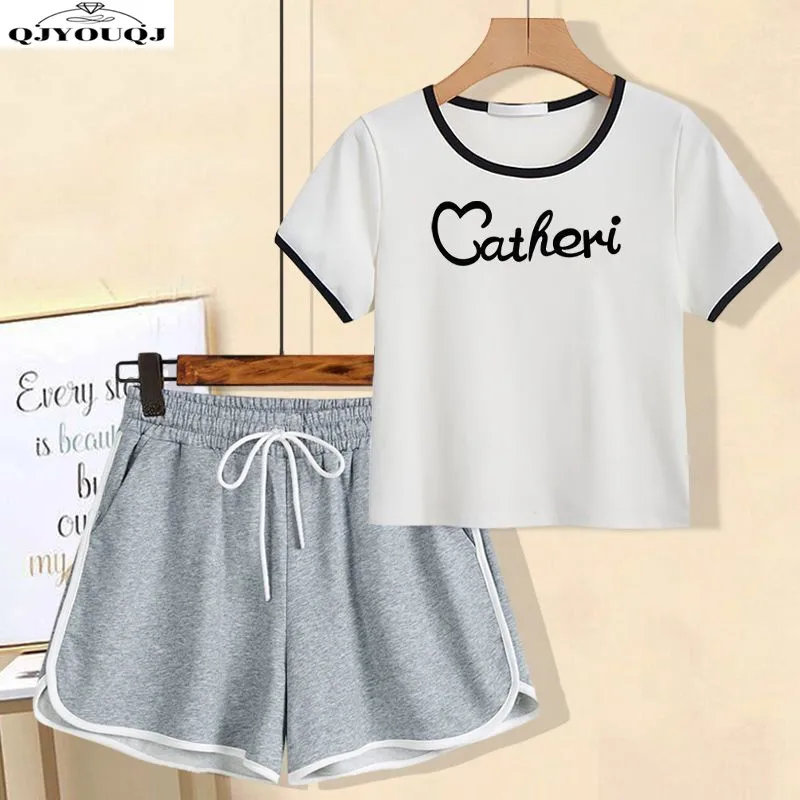 

2024 Summer New Xiaoqing Short Sleeve Color Insertion Slim Short Top T-shirt Korean Casual Shorts Two-piece Set for Women