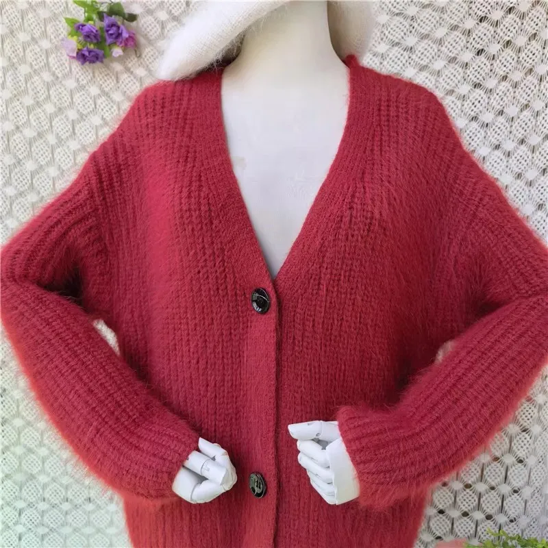 Women Mujer Autumn Winter Thick Warm Hairy Mink Cashmere Knitted V-Neck Long Sleeves Loose Cardigans Sweater Angora Jacket Coat