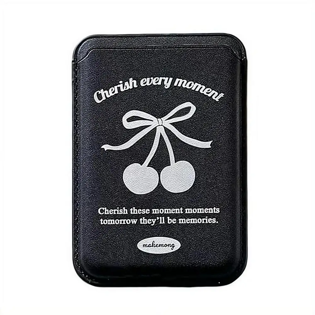 Cherry Bowknot PU Leather Card Holder MagSafe Magnetic Wallet for iPhone Slim Compact 2 Cards Slot Women Girls Cute Gift