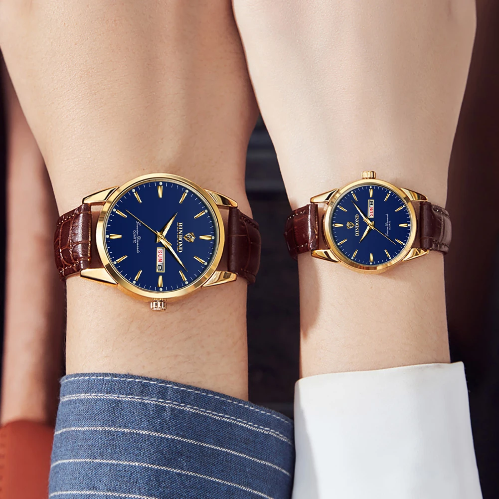 BINBOND Couple Watches Trend Simple Original Quartz Wristwatch Waterproof Luminous Date Week His and Her Watch Fashion Reloj New