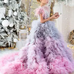 Jill Wish Luxury Girl Dress Feathers Beading Princess Prom Gown for Kids Wedding Birthday Communion Party Quinceañera 2024 J163