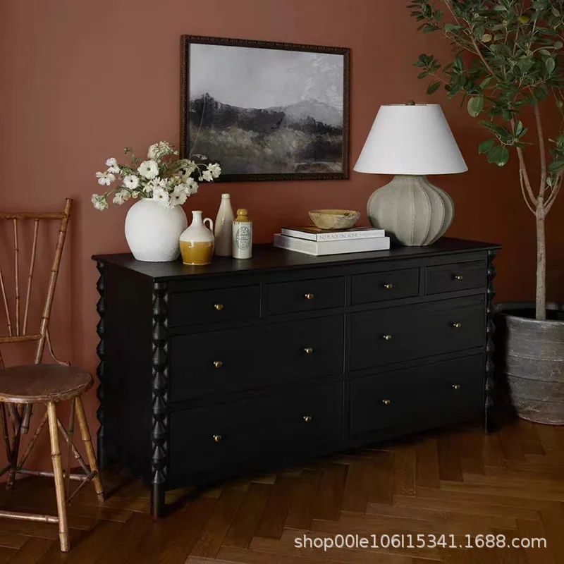 Solid wood French retro black chest bedroom living room hotel bed and breakfast locker decorative cabinet drawer cabinet