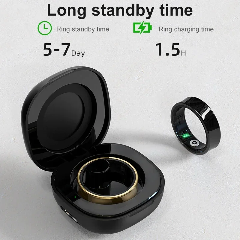 R09 Smart Ring Männer Frauen mit Ladehülle, Herzfrequenz Blutsauerstoff, Hauttemperaturmonitor, 5ATM wasserdicht für Android iOS