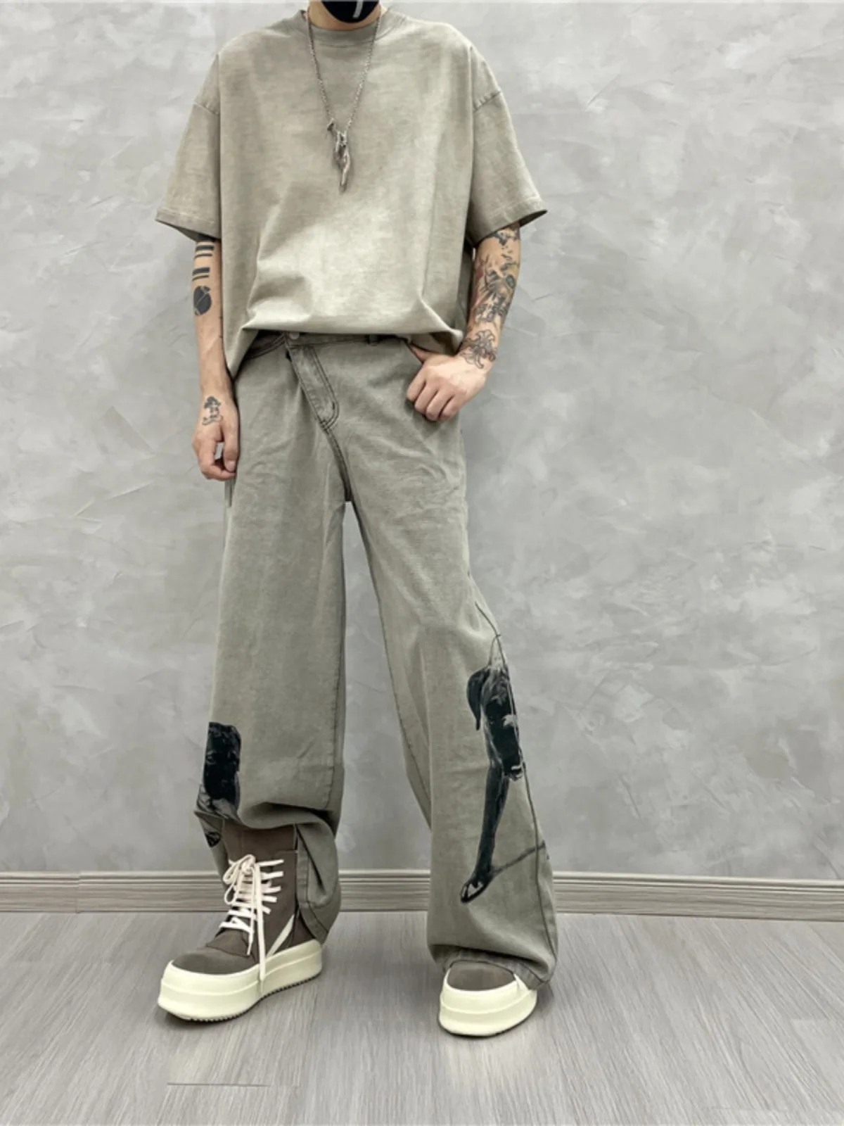 American-Style Retro Washed Printed Loose Straight Jeans Fashionable Wide-Leg Pants Casual for Men