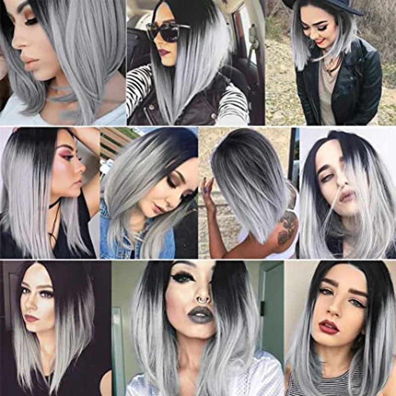 WHIMSICAL W Ombre Straight Bob nero grigio parrucca sintetica lunghezza spalla parte centrale Cosplay capelli per donna resistente al calore