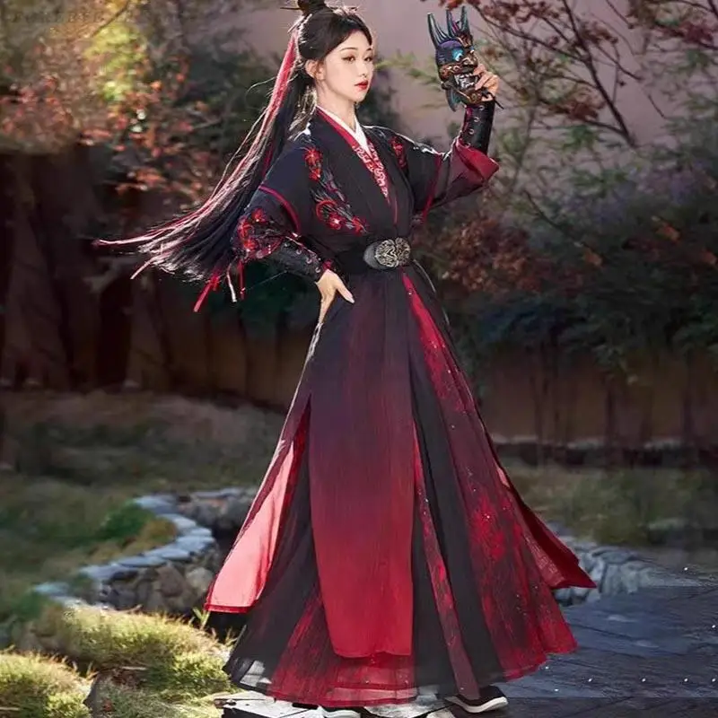 النساء الرجال أسود أحمر Hanfu سلالة سونغ التقليدية Beizi تنورة التاريخ القديم المبارز تأثيري حلي هالوين Wuxia الدعاوى #3