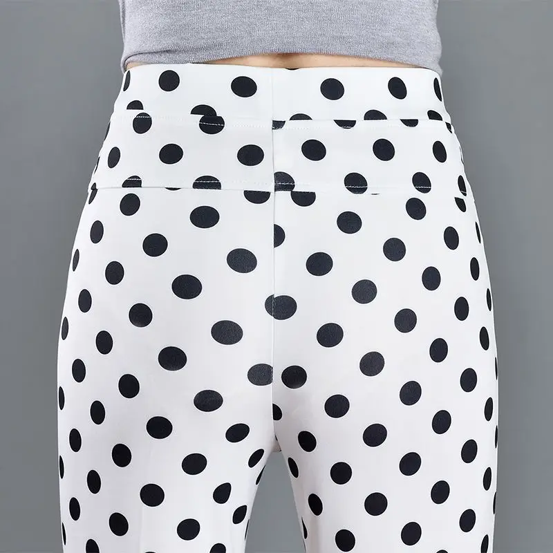 Pantalon d'été doux de style japonais pour femme, taille haute élastique, poches blanches à pois, mode bureau dame mince évasée fjare