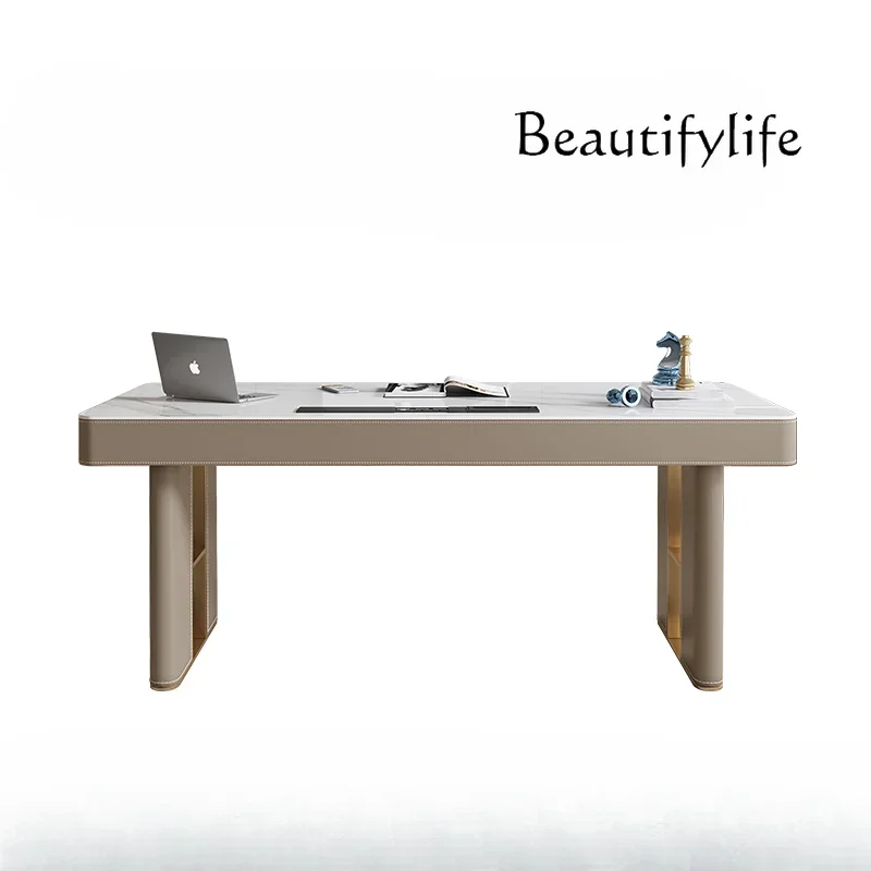 

Minimalist Stone Plate Saddle Leather Desk Light Luxury Modern Study Home Office Solid Wood Computer Desk with Drawer