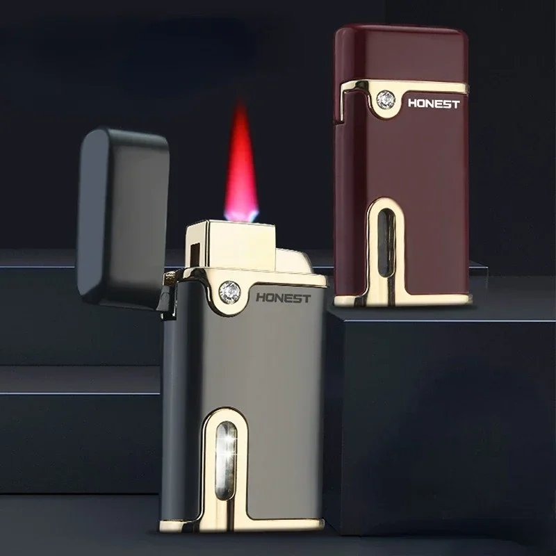 HONEST-Red Flame Gas Lighter, Exquisite, Compact, Metal, Windproof, Direct Flush, with Light, Cigarette Accessories