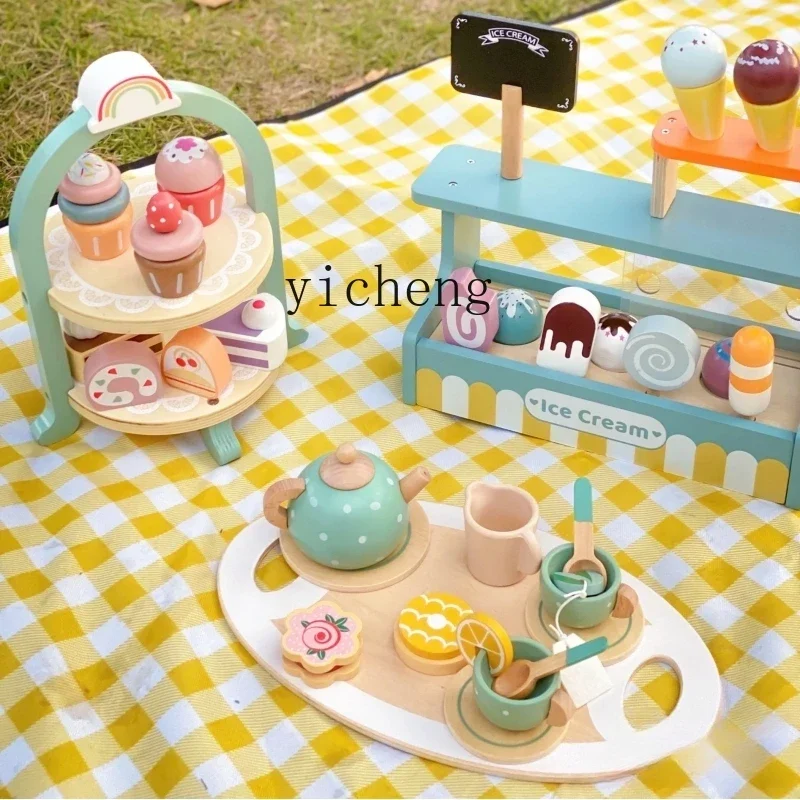 ZC Children's Simulation Teapot Afternoon Tea Kitchen Toys, Wooden Cake Birthday Gifts