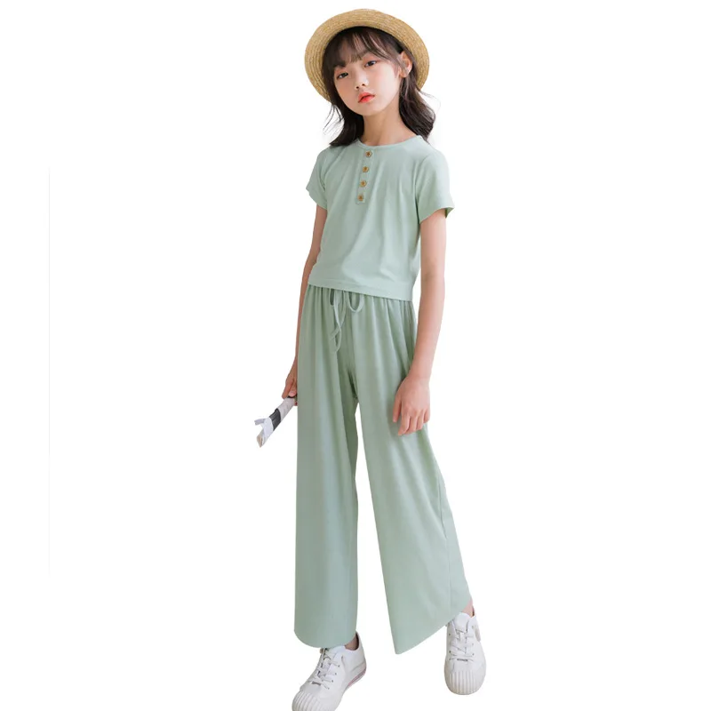 Summer Ice Silk Girls Panst Kids 2022 New Casual Solid Trousers Children Clothes Mid Elastic Waist Drawstring Wide Leg Pants