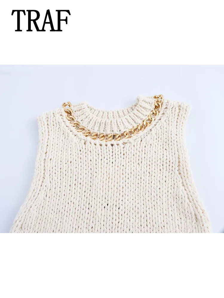 TRAF Women Knitted Vest New Fashion O-Neck Cropped Sweaters Vests for Women Sleeveless Pullover Casual Female Chic Top