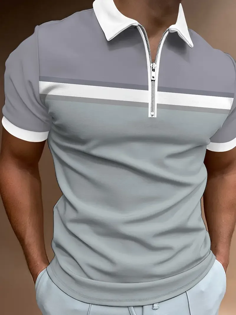 New Men's Polo Shirts Lapel Zip Polo Shirts Men's Tops Daily Short-sleeved Striped Golf Plain Clothing Plus Size Men's Shirts