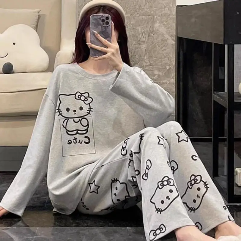 Cute Sanrioed Hello Kittys Women\'s Pajamas Set Cartoon Student Autumn Winter Long Sleeve Pants Loose Home Clothes Girl Nightwear