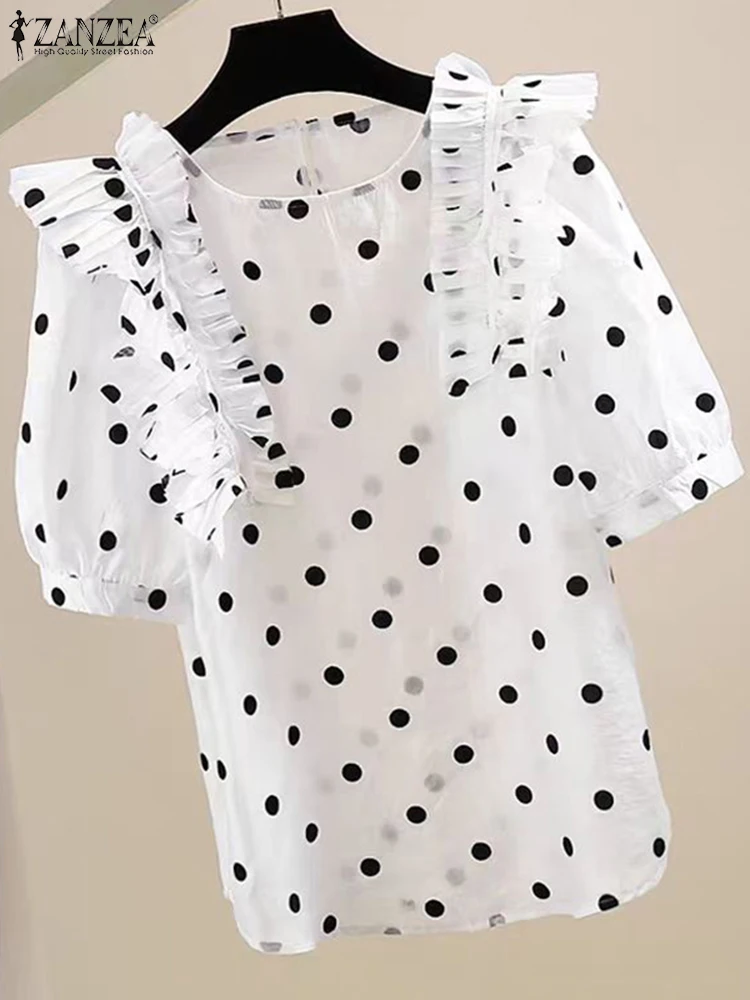 ZANZEA Women Polka Dot Blouse Summer Ruffle Lantern Short Sleeve Shirt 2024 Korean Casual Round Neck Tunic Sweety Chiffon Tops