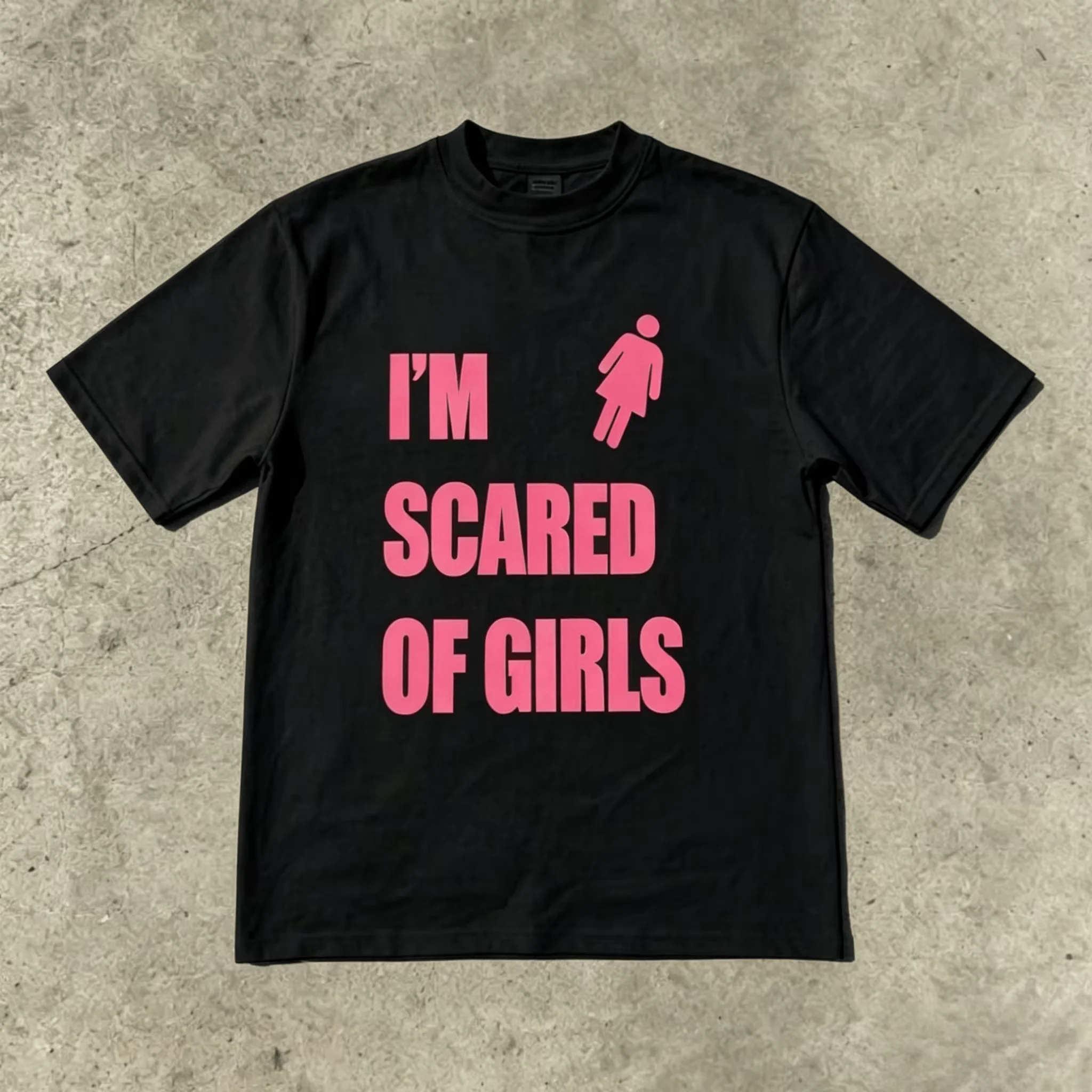 2026 New Streetwear Trendy Slogan Short Sleeve Scared of Girls Print Graphic T Shirt Y2K Hip Hop Men's Clothing Summer T Shirt