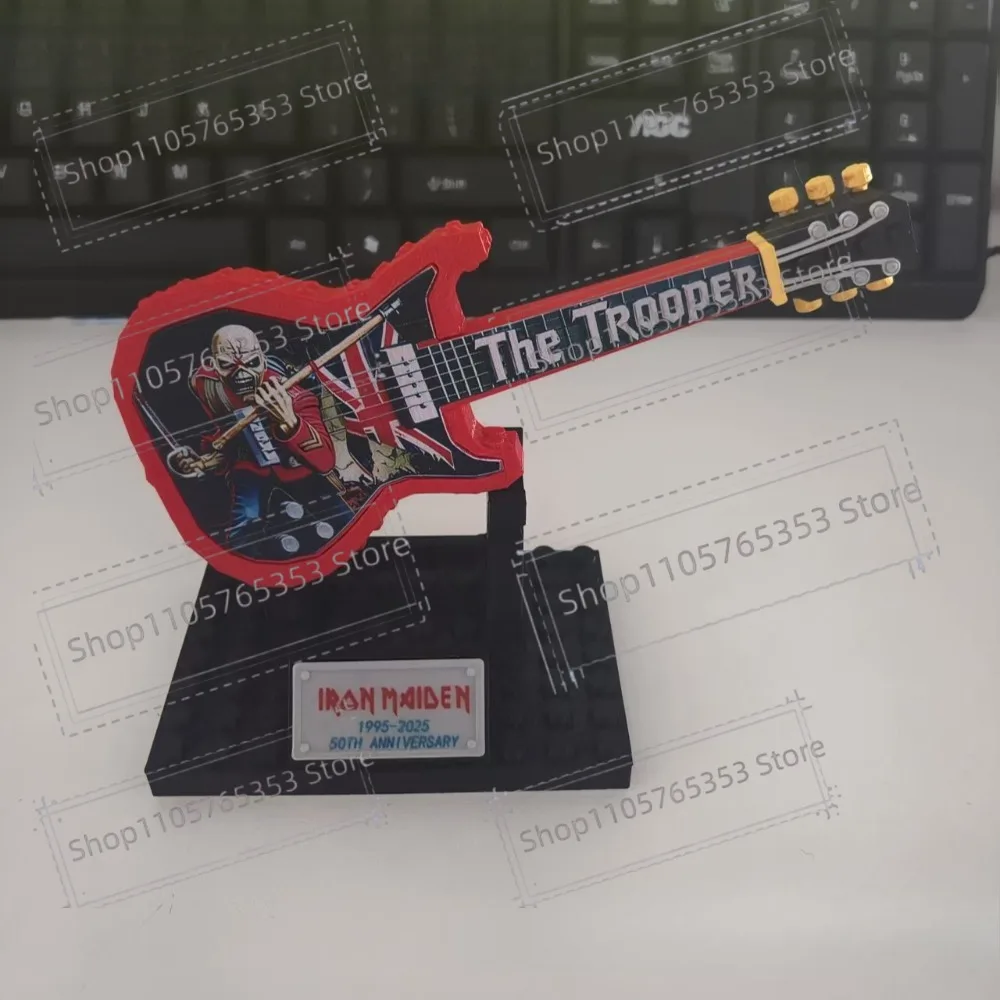 Iron Maiden The Trooper 50th Anniversary Building Blocks Guitar Model 1975-2025 Heavy Metal Rock Band Eddie Collectible Display