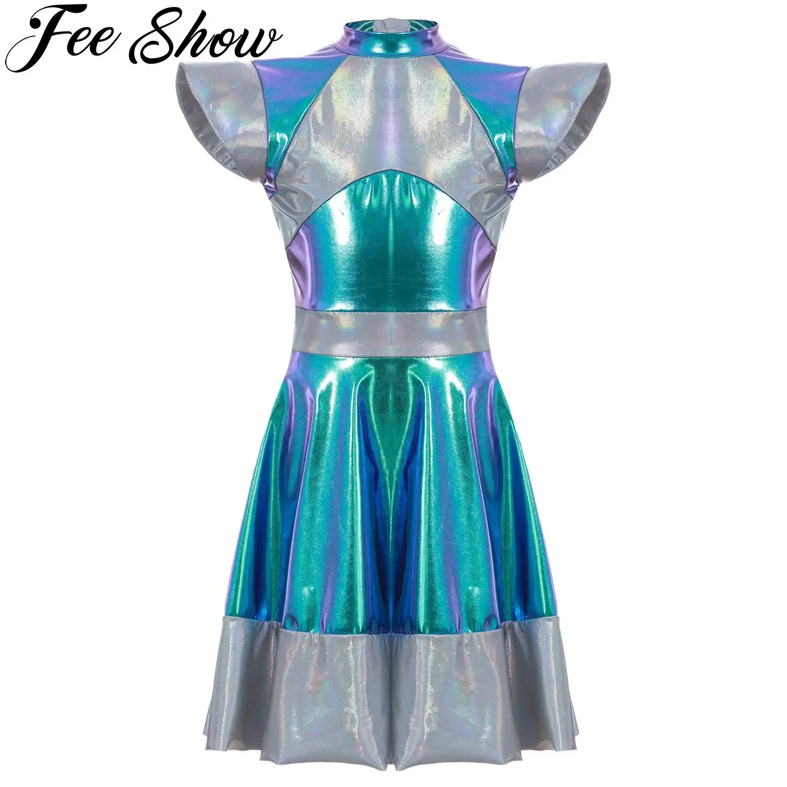 Kids Girls Alien Robot Astronaut Costume Cap Sleeve Metallic Shiny Dress for Halloween Carnival Festival Party Fancy Dress Up