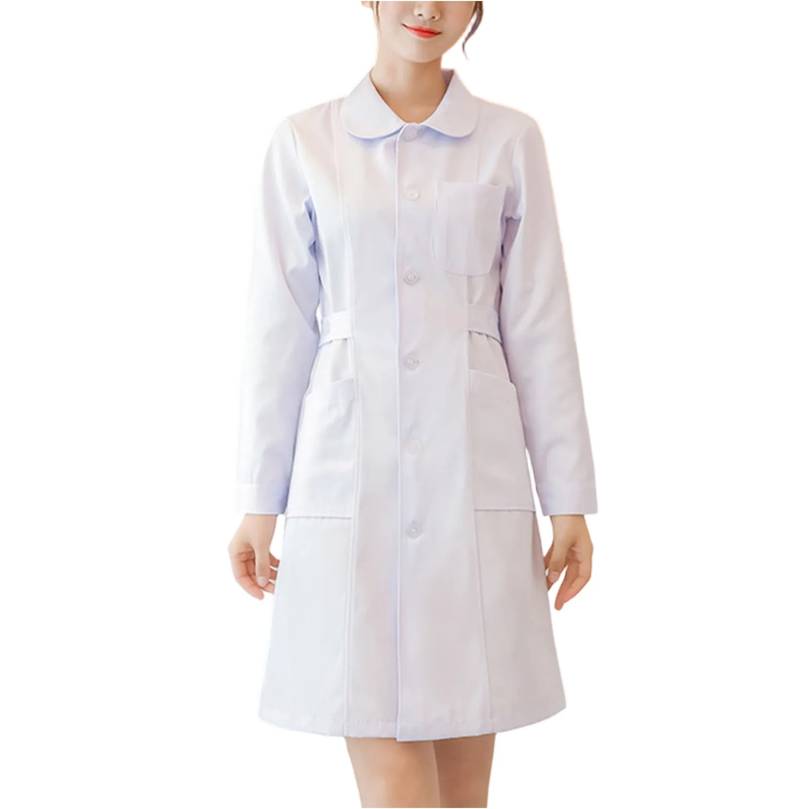 Uniforme de enfermeira de cor sólida, uniforme de trabalho de médico de farmácia hospitalar, manga longa fina, vestido de trabalho com bolsos