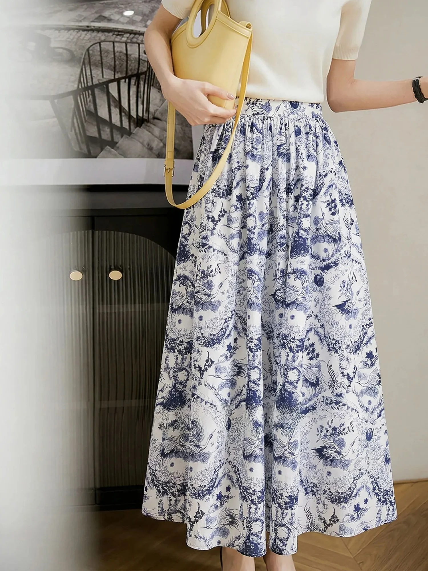 

Элегантная женская летняя юбка-миди из чистого хлопка с высокой талией и принтом, повседневная, приталенная, А-силуэт, Chivirin