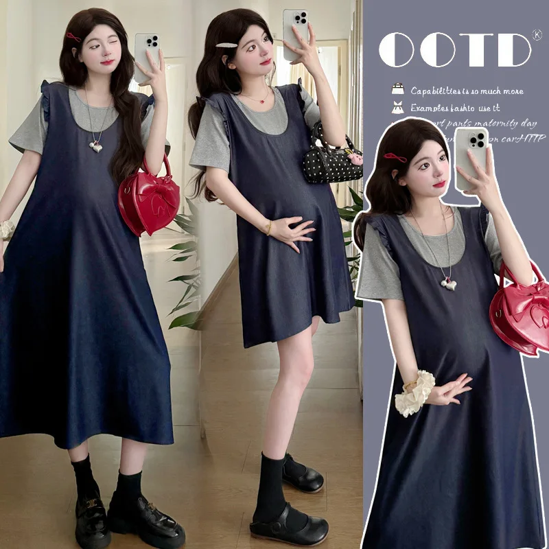 

Pregnancy Summer Dress Faux Layered Look Small Frame Friendly Breezy Tencel Denim Gown Stylish Maternity Fashion