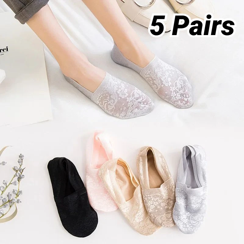 5 Pairs Lace Socks Women Boat Summer Breathable Silicone Non-Slip Thin Invisible Ankle Sock Fashion Transparent Short Sox