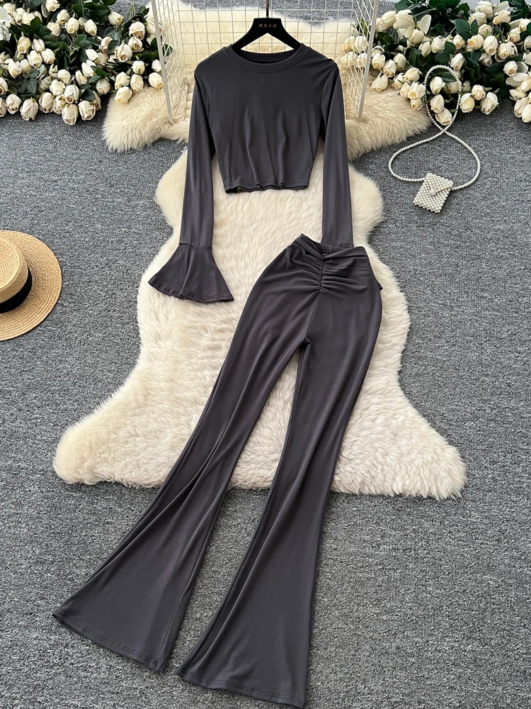 مثير ort Sve جرس Sve تي شيرت عالية الخصر ضيق صالح جولة Ne أعلى مع السراويل متوهج Faionable ملابس العمل غير رسمية #3