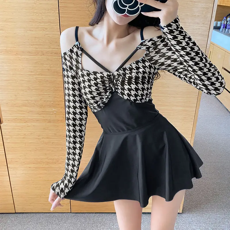 2023 New Summer Fashionable Premium Houndstooth Bow Neck Lace Up High Waist Covering Belly Sexy Spicy Girl Skirt Swimsuit