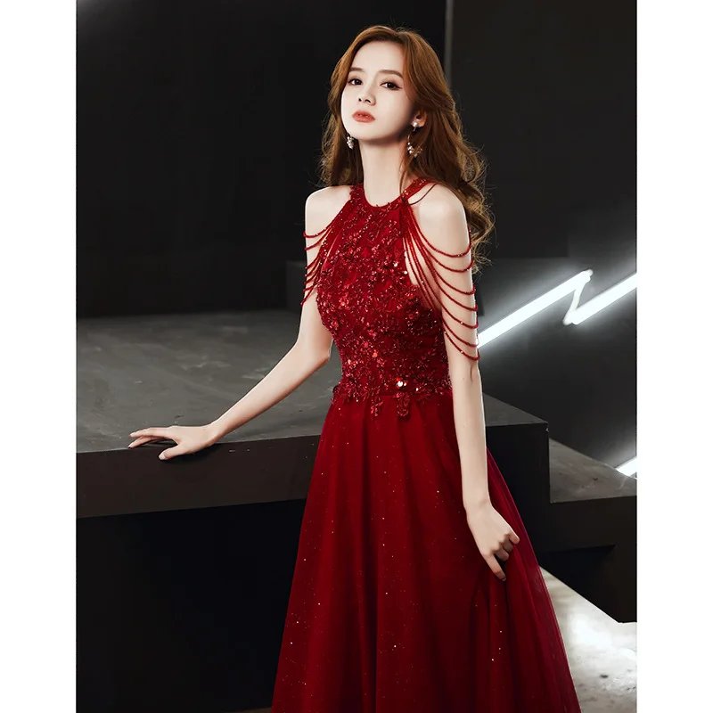 

Сексуальное вечернее платье цвета красного вина с завязками на шее, высокой талией и А-образной юбкой для женщин, модное для свадебных торжеств