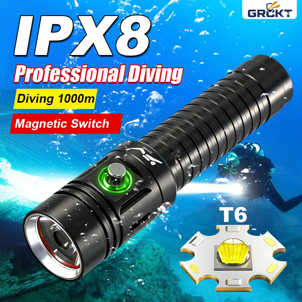 GRCKT Diving Flashlight Powerful Professional Underwater Lantern LED Rechargeable Dive Torch IPX8 Waterproof Scuba Lamp T6 Wick