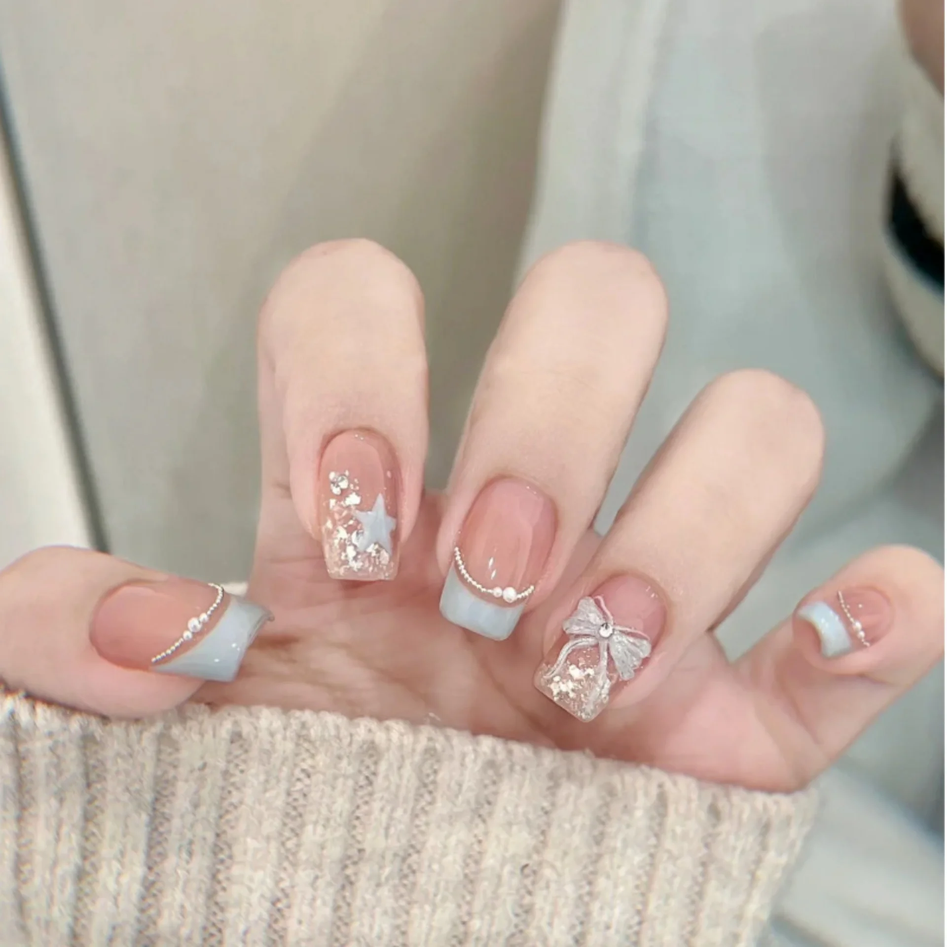 10 pièces bleu fait à la main faux ongles conseils arc français court Ballet faux ongles Art détachable paillettes strass conception presse sur les ongles