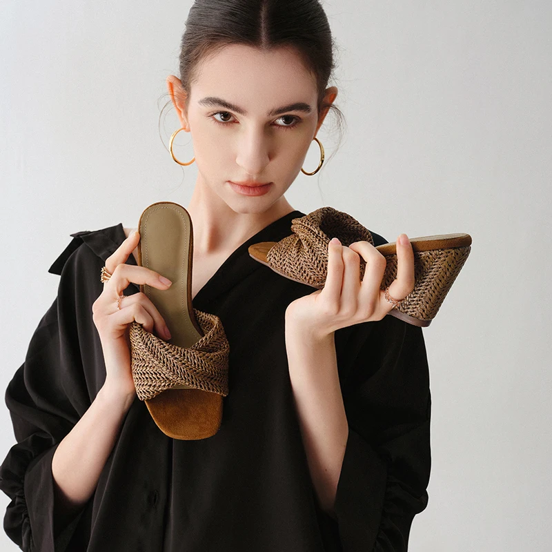 2026 new summer women sandals natural leather 22-25cm kniting+cowhide mules buckle wedges heel women shoes slippers fashion