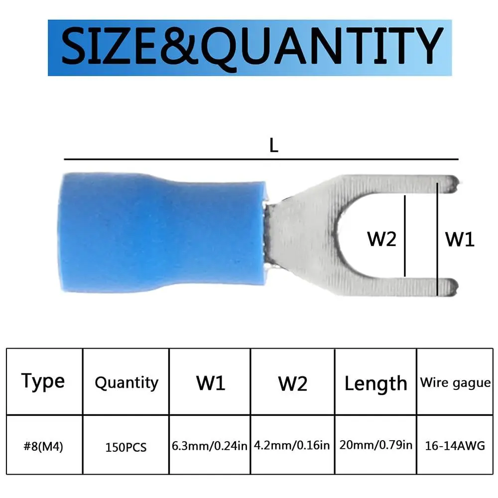 Shengbowi 150Pcs #8 (M4) 16-14AWG Fork Spade Connectors Wire Fork U-Type Insulated Electrical Crimp Terminal Butt Quick