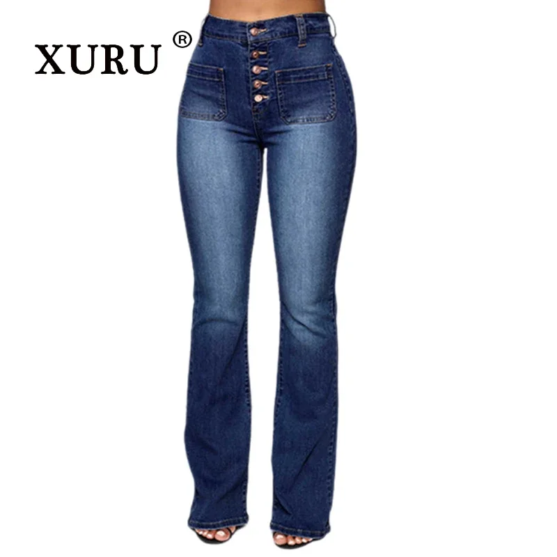 XURU - New European and American Button Up Patch Pocket Jeans for Women, Micro La Wash Long Pants Jeans K81-119