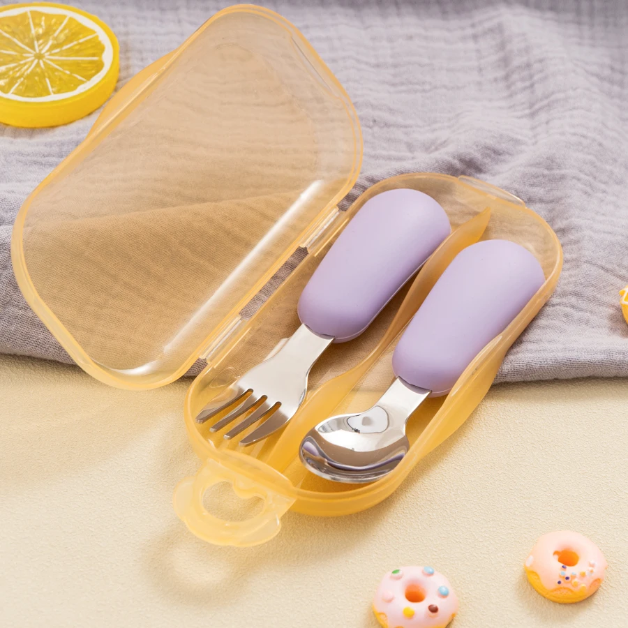 2PCS Baby Silicone Stainless Steel Fork Spoon Portable Baby Tableware Feeding Training Baby Utensils Solid Color Baby Stuff