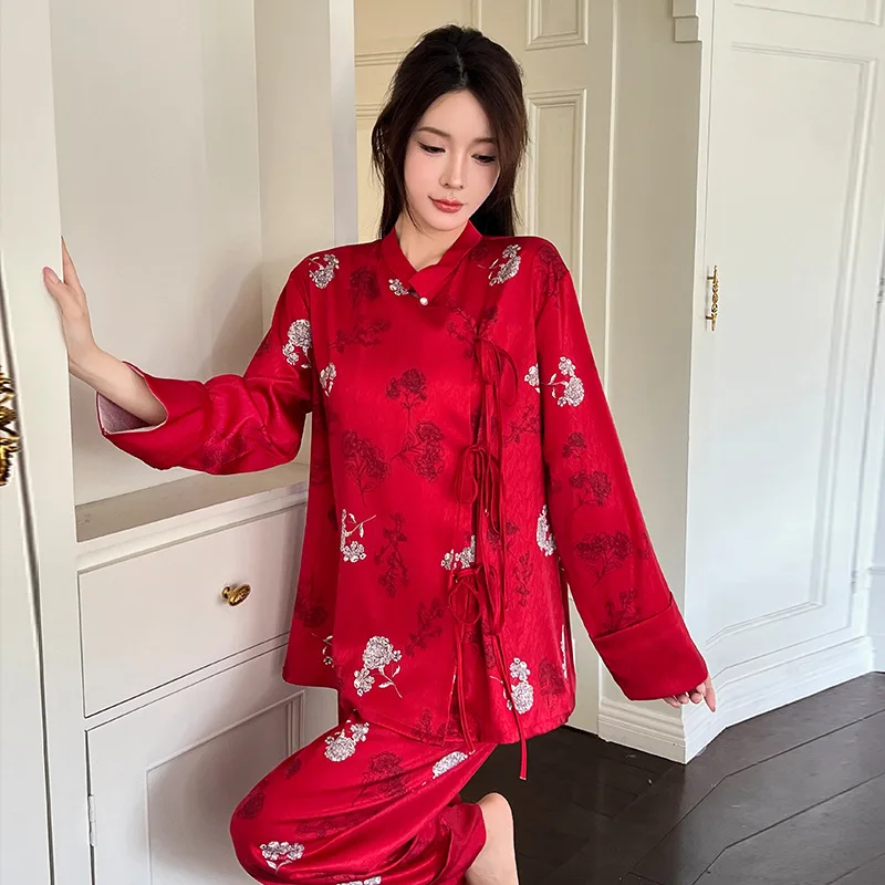 

Print Pijamas Suit Novelty Female Silky Satin Pajamas Set Long Sleeve Women Sleepwear Loungewear Spring Autumn Nightsuits