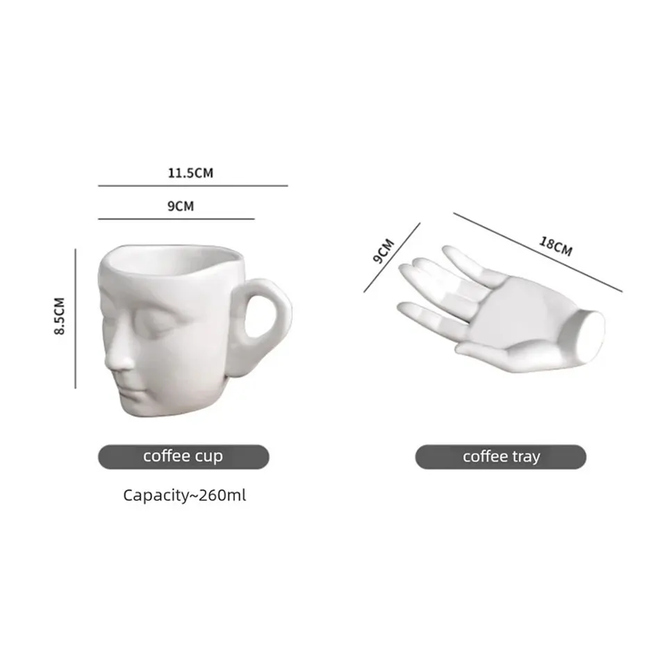 Abstract Art Hand Face Sculpture Ceramic Coffee Cup & Saucer Set, Creative Ins Aesthetic Tea Mug with Spoon, C06-1