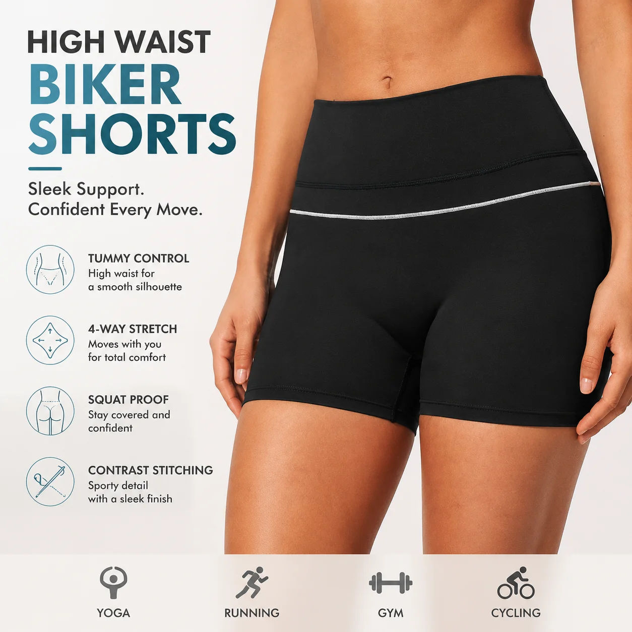 Women's High Waist Seamless Biker Shorts with Contrast Stitching Detail Tummy Control Compression Yoga Shorts Squat Proof Gym Bo
