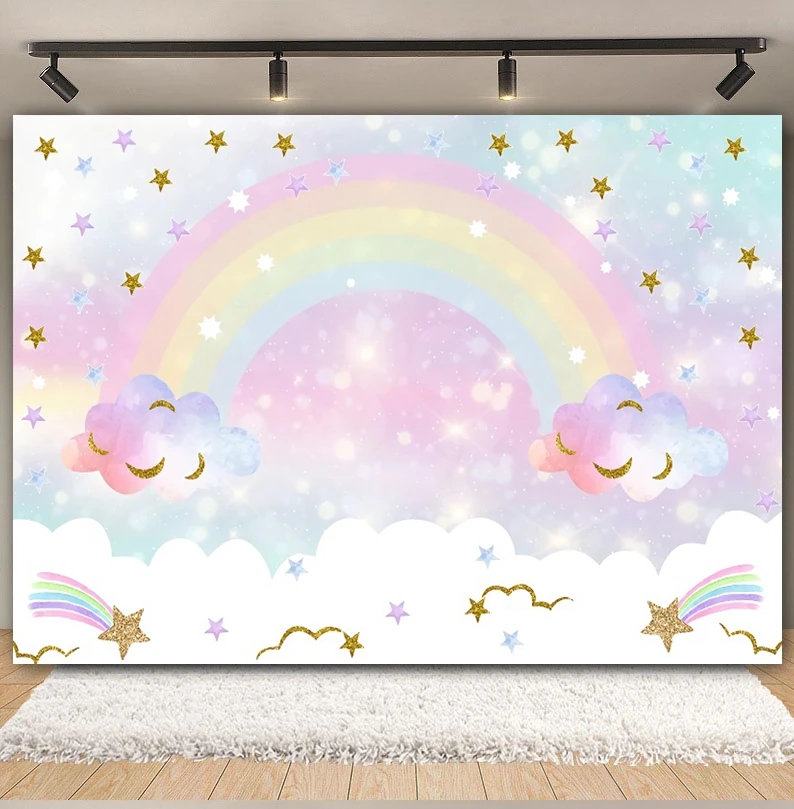 Cloud Rainbow fondale Gold Glitter Star Sky Rainbow Baby Shower festa di compleanno fotografia sfondo Cake Smash Photo Studio