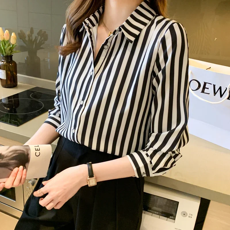 Fashion Women\'s Shirt 2023 Black and White Striped Tops for Women Versatile Polo Neck Clothing Long Sleeve Woman Basic Shirts OL